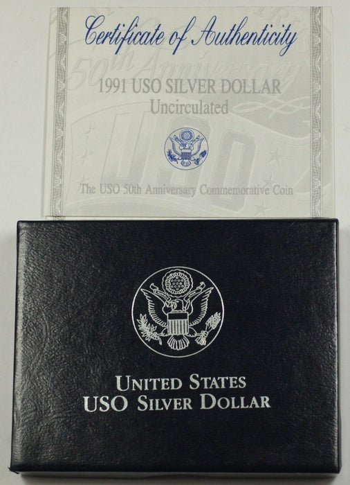 1991 USO Commemorative Uncirculated UNC Silver Dollar Coin In Box w/ COA