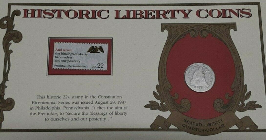 Historic Liberty Coins 1853 Seated Liberty Quarter W/Stamp in Information Card
