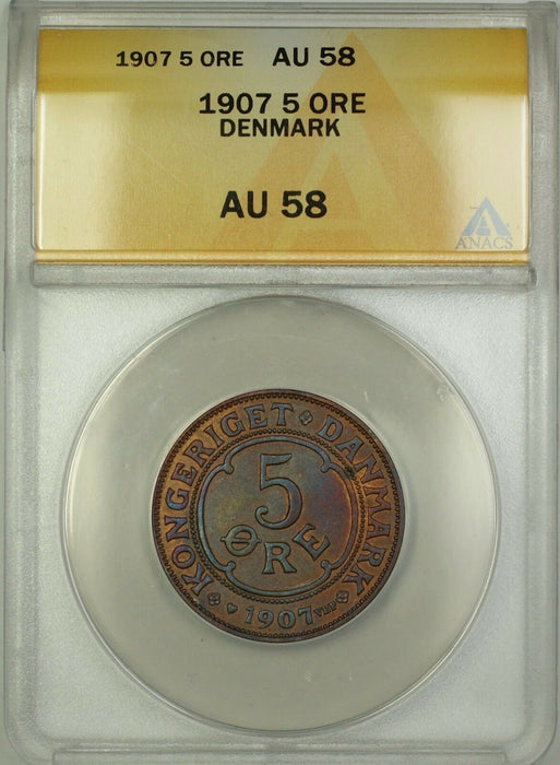 1907 Denmark 5 Ore Coin ANACS AU-58
