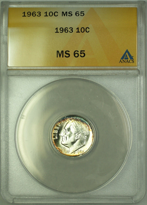 1963 Silver Roosevelt Dime 10c ANACS MS 65 Toned