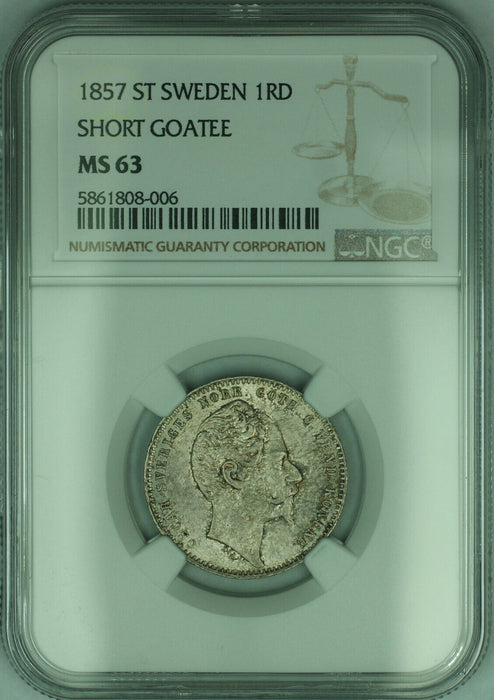 1857 ST Sweden 1 Riksdaler Short Goatee KM# 689 Silver Coin NGC MS-63 Toned
