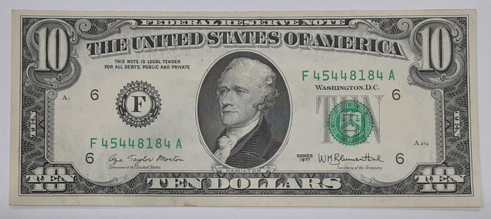 Series 1977 $10 Federal Reserve Note Atlanta Dist. w/Partial Offset Error