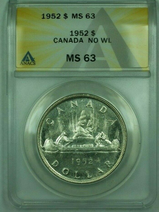 1952 No Waterlines WL Canada Dollar $1 Silver ANACS MS-63