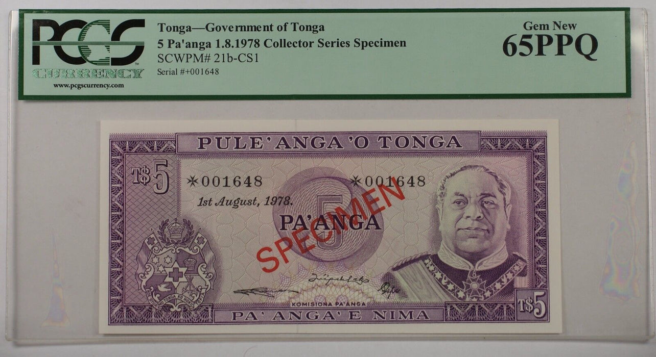 1978 Govnt of Tonga 5 Pa'anga Specimen Note SCWPM# 21b-CS1 PCGS 65 PPQ Gem New