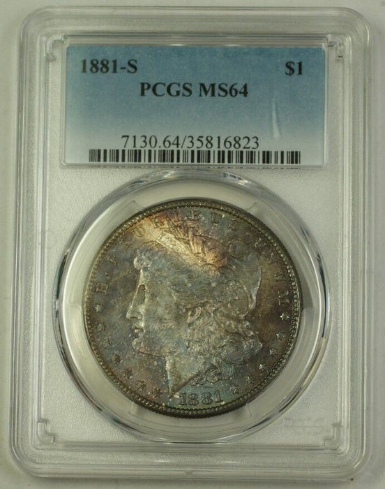 1881-S US Morgan Silver Dollar $1 Coin PCGS MS-64 Beautifully Toned (P) 12
