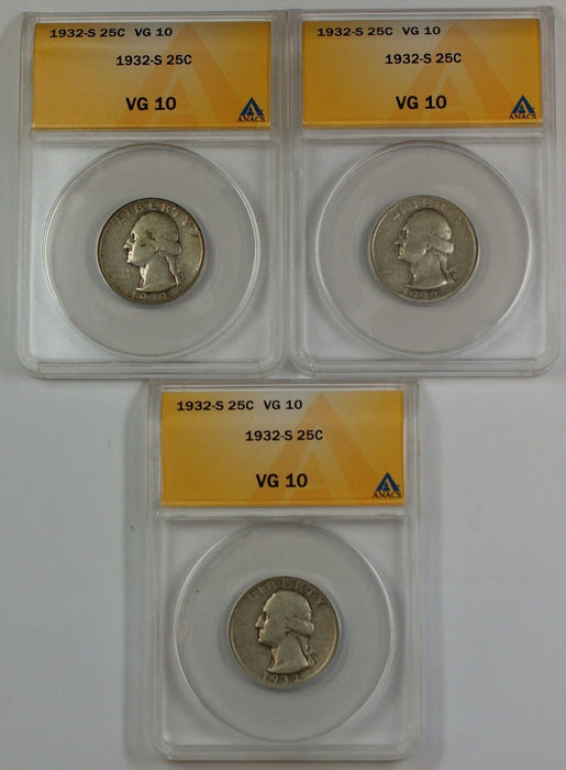 1932-S Silver Washington Quarter, ANACS VG-10, *PRICE FOR ONE COIN ONLY*