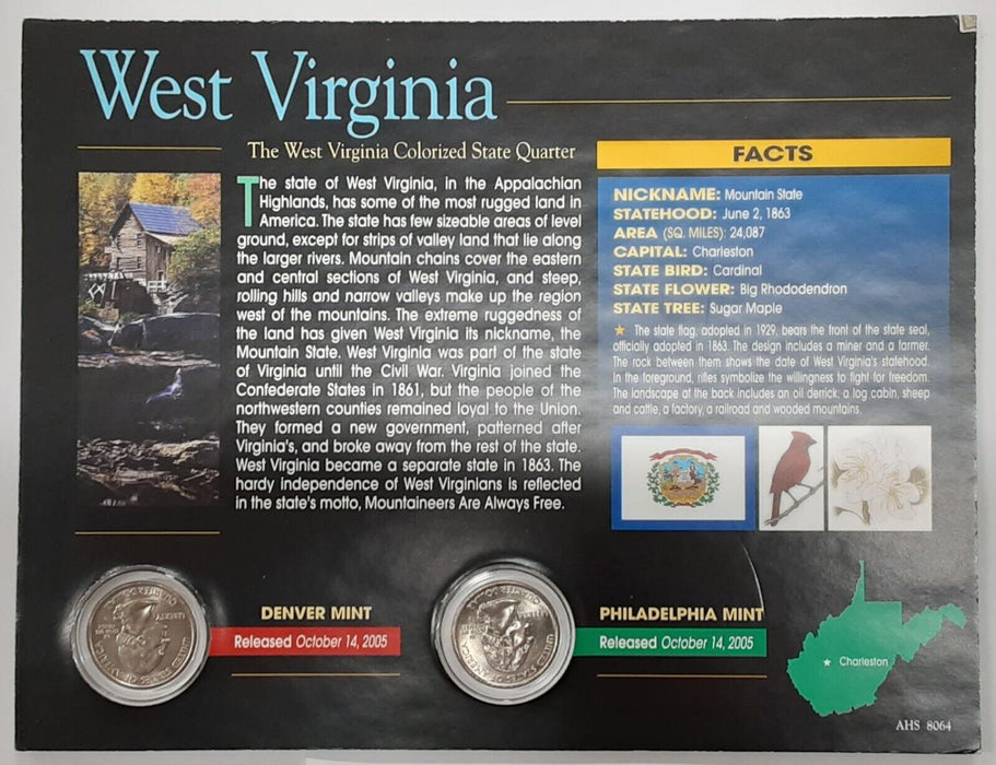(2) 2005 West Virginia Colorized State Quarter P&D-BU-w/Colorful Display Card