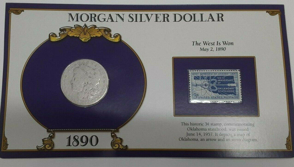 1890 Morgan Silver Dollar Coin W/Stamp in Holder - The West is Won