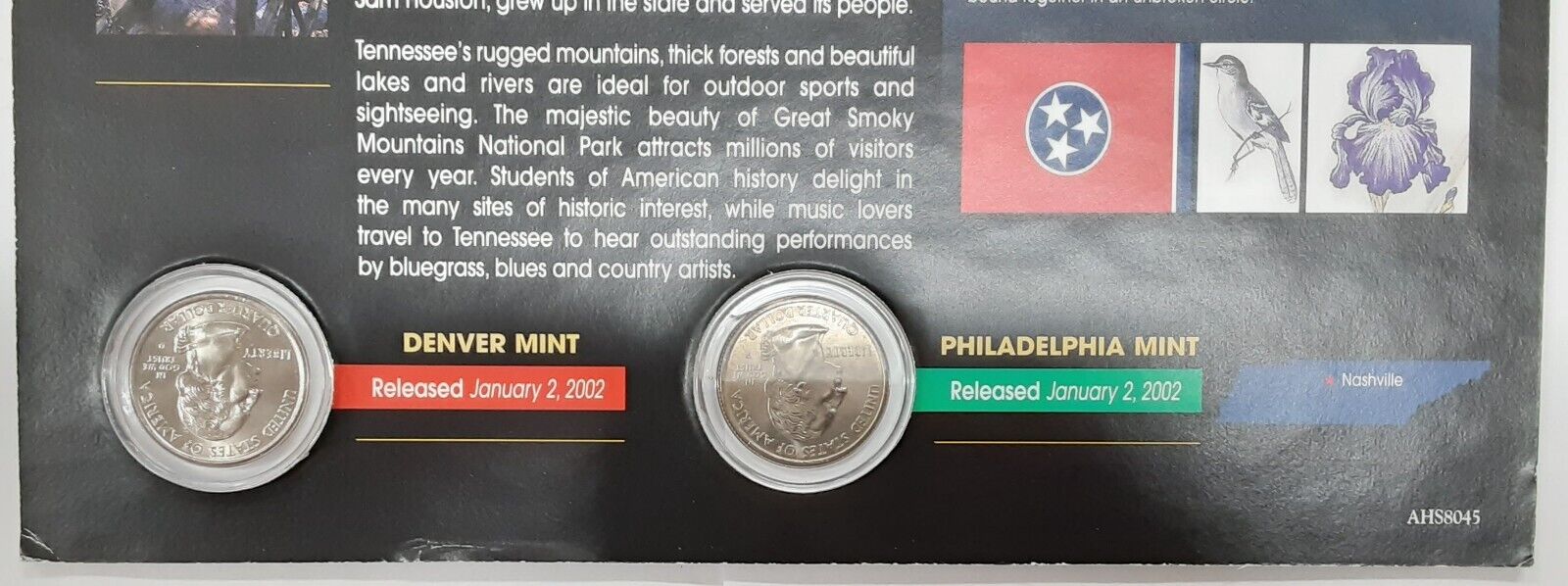 (2) 2002 Tennessee Colorized State Quarter P&D-BU-w/Colorful Display Card
