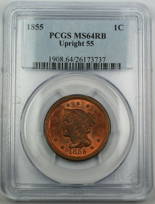 1855 Braided Hair Large Cent 1c, PCGS MS-64 RB Upright 55 *Mostly Red*