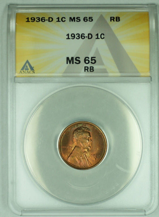 1936-D Lincoln Wheat Cent 1C Coin Toned ANACS MS 65 RB (20)