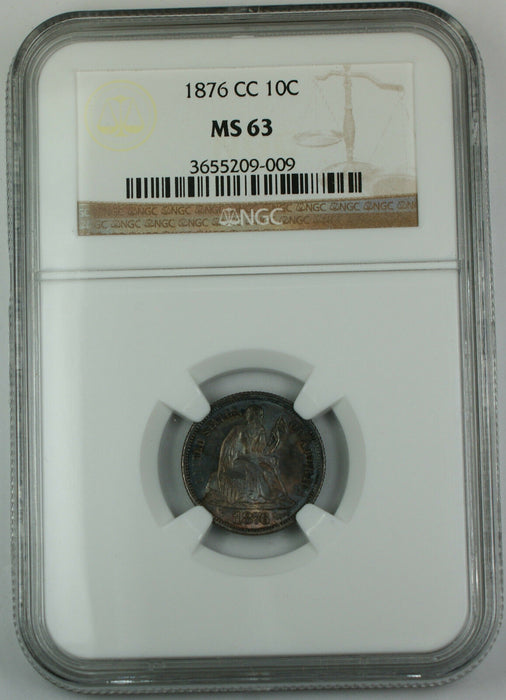 1876-CC Seated Liberty Dime, NGC MS-63 Toned, *Gem BU Coin*