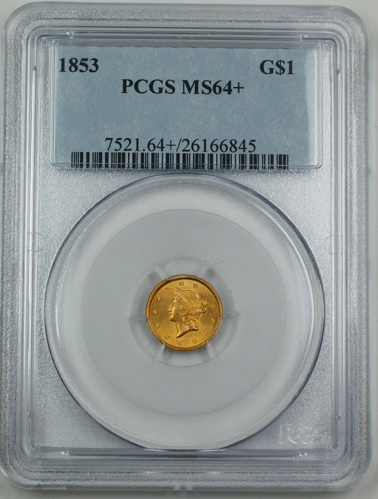 1853 $1 Dollar US Gold, PCGS MS-64+ *Gem BU Coin* Type 1