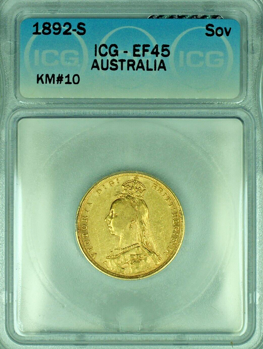 1892-S Australia Sovereign SOV Australian Gold Coin ICG EF 45