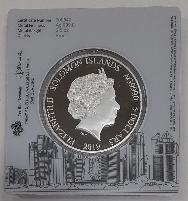 2019 Solomon Islands 5 Dollars 1000th Grand Prix Proof Silver Coin In Assay Card