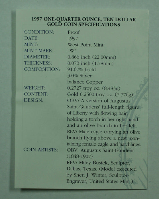 1997-W Proof 1/4 Oz American Gold Eagle $10 Coin w/ Box & COA