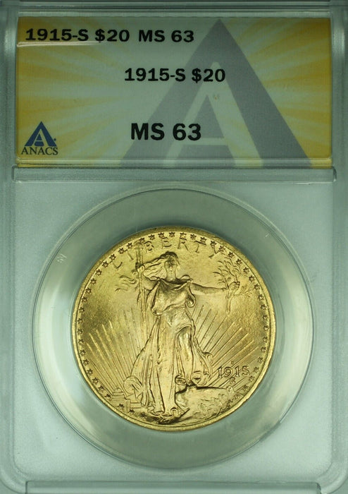 1915-S St. Gaudens $20 Double Eagle Gold Coin ANACS MS-63