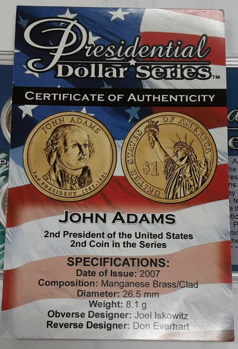 2007 P & D John Adams Presidential $1 Coins Uncirculated in Case w/COA