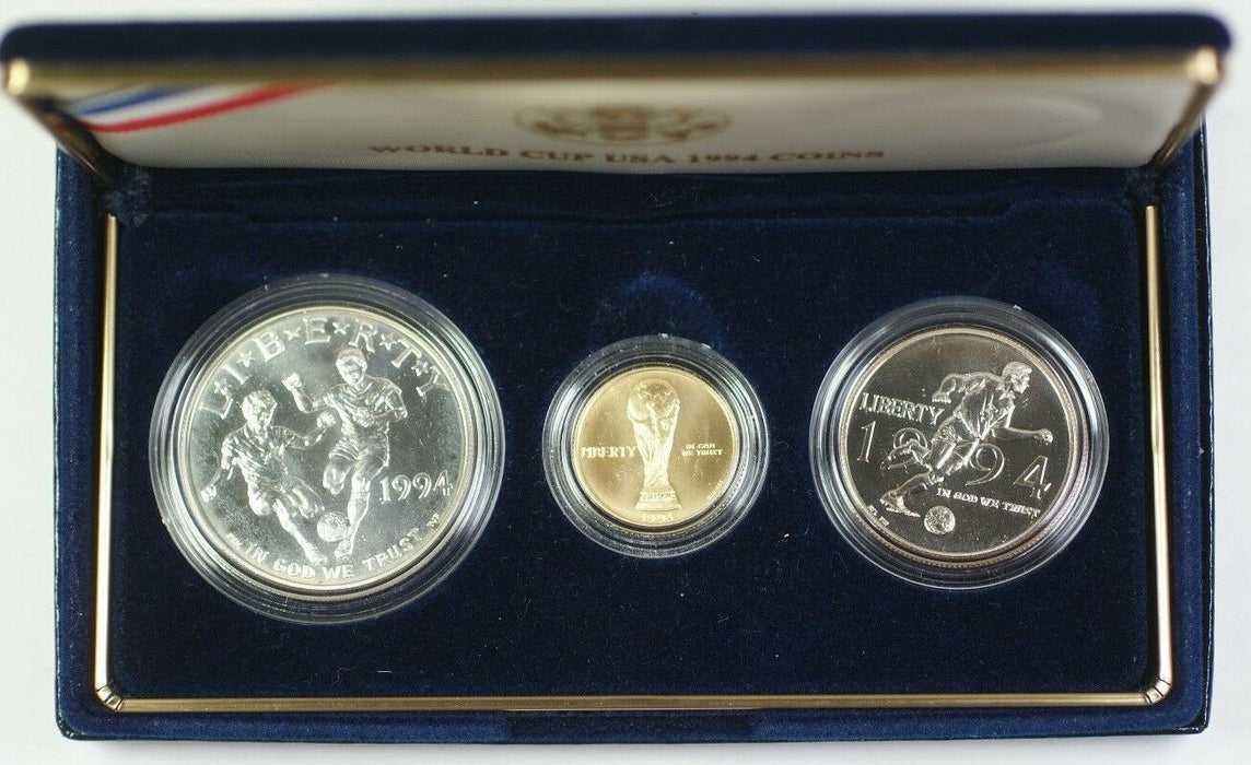 1994-W Gold $5 & D Silver $1 & 50 Cents World Cup 3 Coin BU Comem Set in OGP JAH
