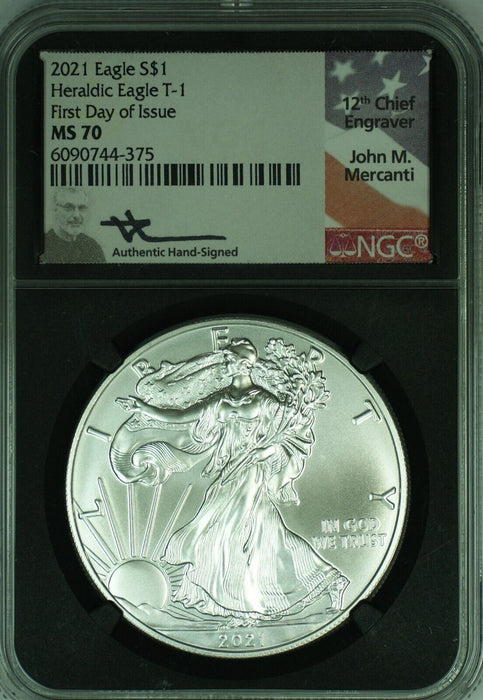 2021 American Silver Eagle $1 Coin ASE NGC MS 70 J.M. Mercanti Signed (49) A