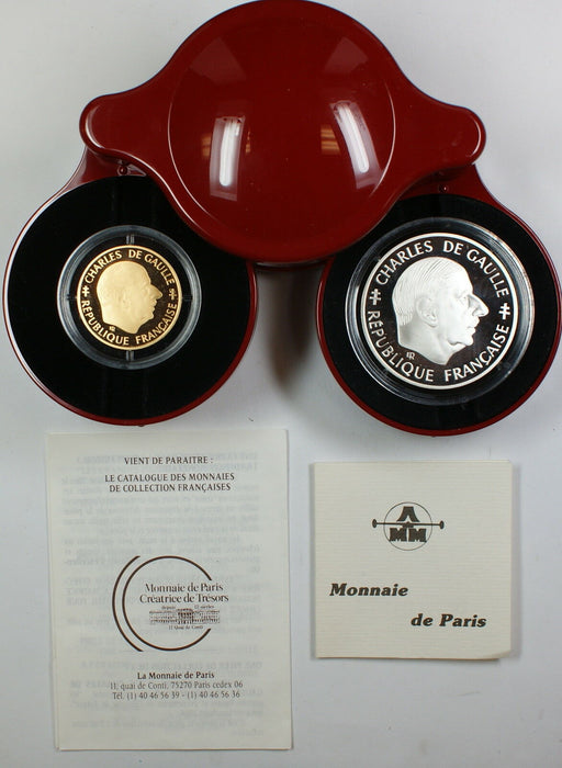 1988 France Charles De Gaulle 1 Franc Gold & Silver Proof Coin Set, In Case, COA