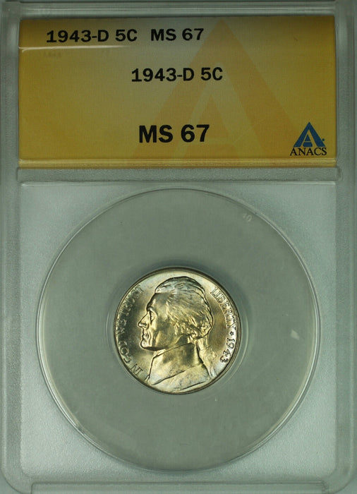 1943-D Jefferson Wartime Silver Nickel 5c Coin ANACS MS-67 (RL) B
