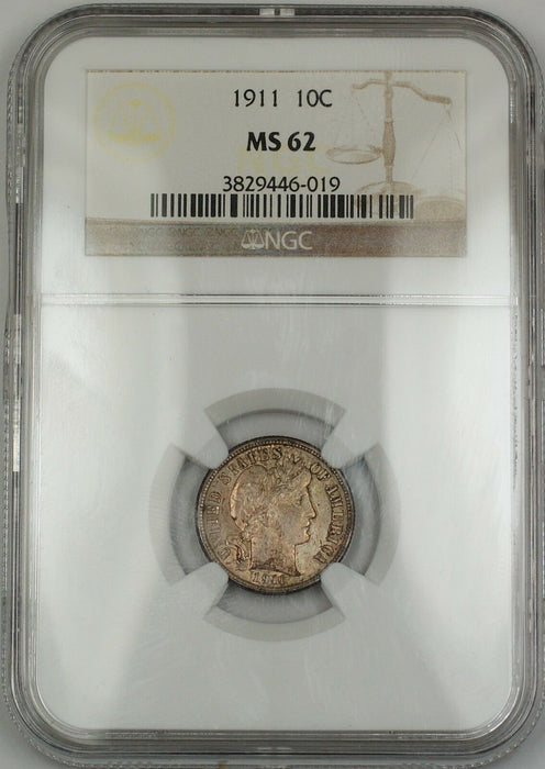 1911 Barber Silver Dime 10c Coin NGC MS-62 Lightly Toned RF