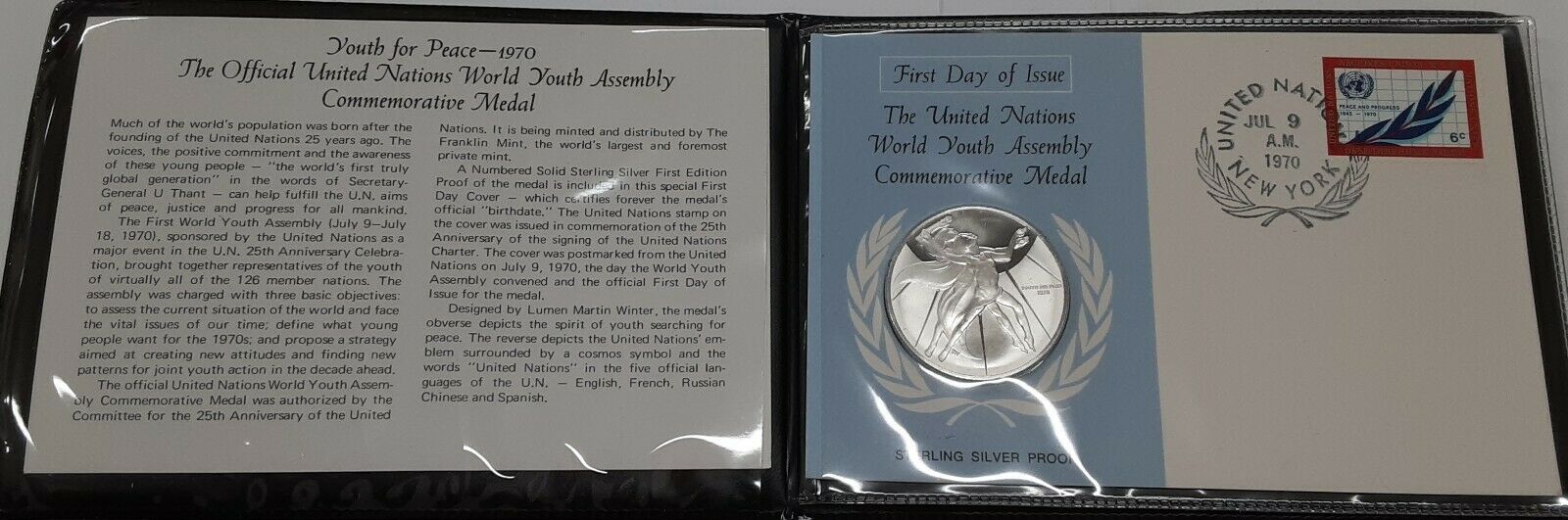 Franklin Mint UN World Youth Assembly Sterling Silver Medal in FDC