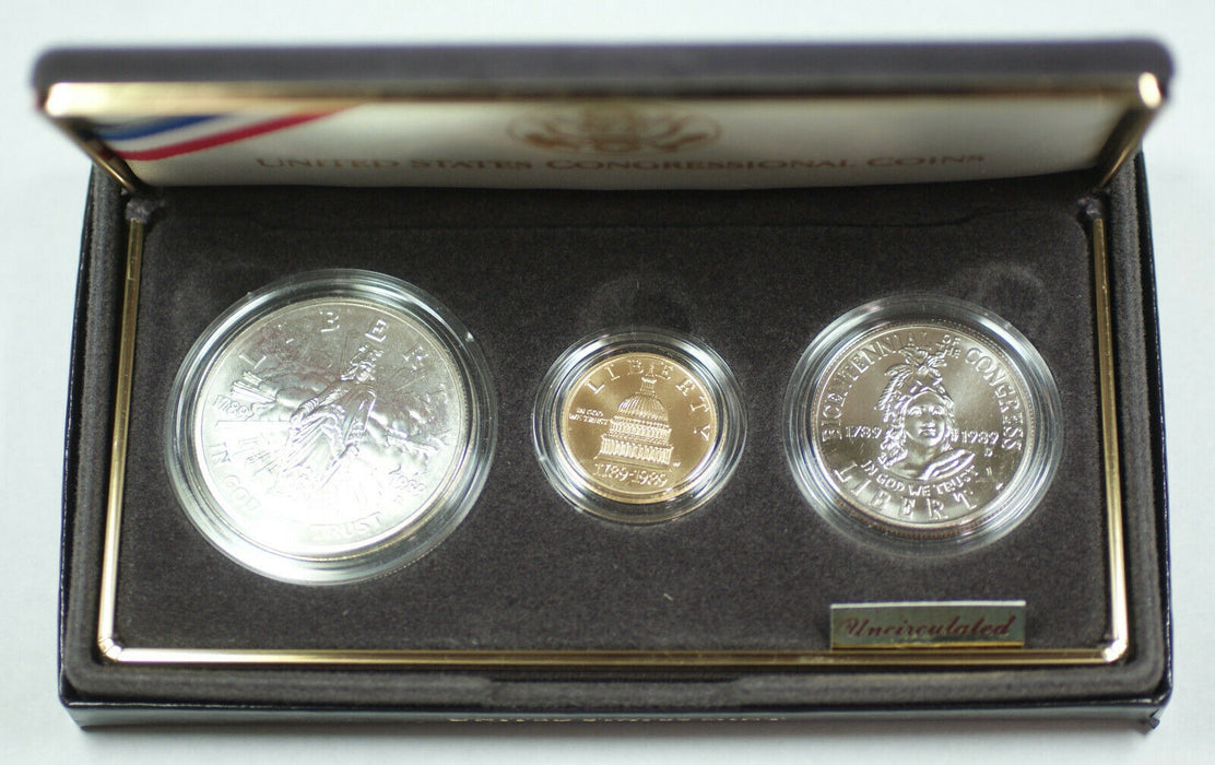 1989-W Congressional Commemorative 3 Coin Gold Silver UNC Set w/ Box COA