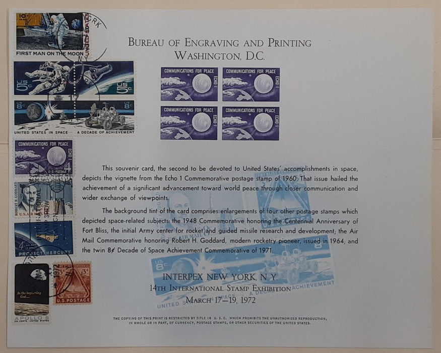BEP Souvenir Card 1972 Interpex Show  1960 Echo I Stamp Multiple Cancels (B 16)