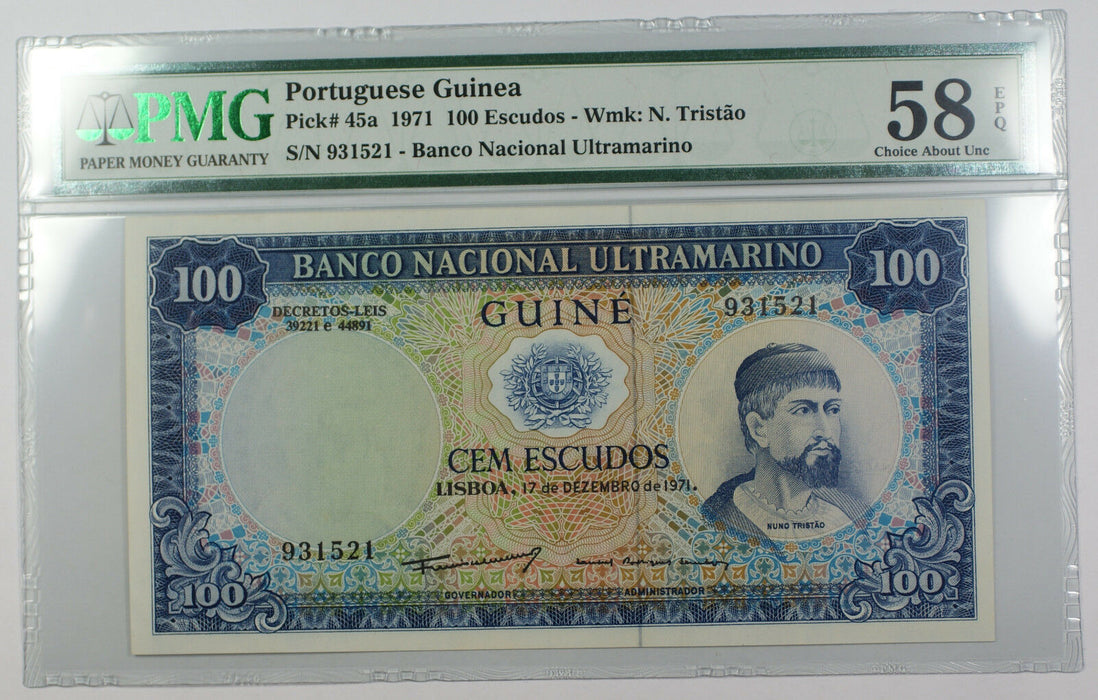 1971 Portuguese Guinea 100 Escudos Note Pick# 45a PMG 58 Choice About UNC EPQ
