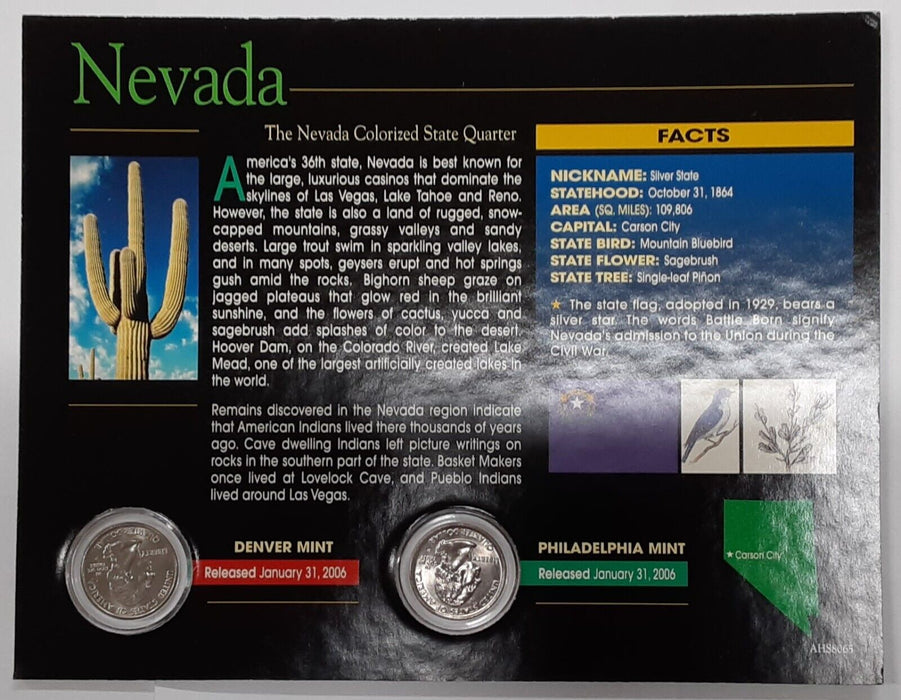 (2) 2006 Nevada Colorized State Quarter P&D-BU-w/Colorful Display Card