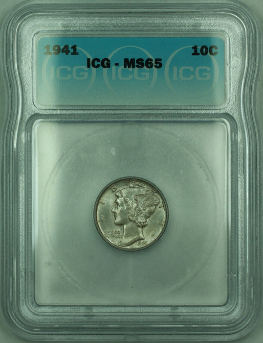 1941 Mercury Silver Dime 10c Coin ICG MS-65 Toned (Z)