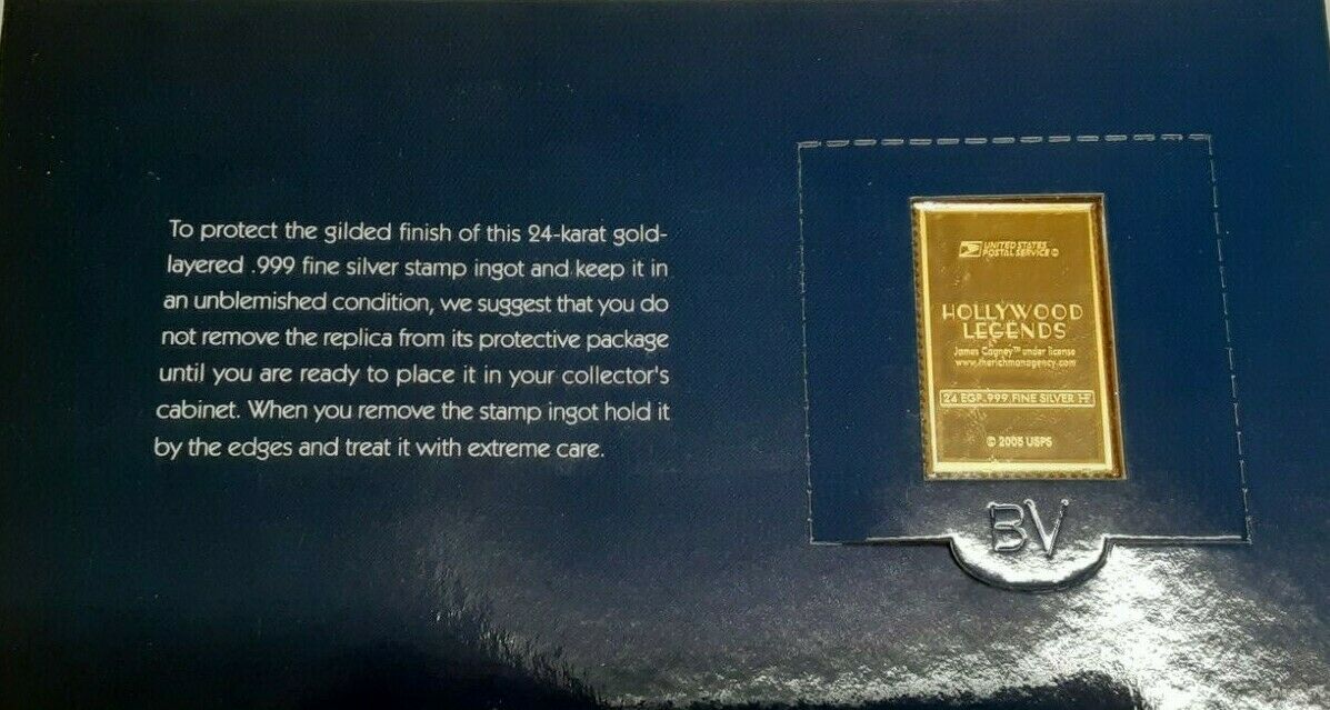 USPS Hollywood Legends .999 Fine Silver Gold Plated Stamp - James Cagney
