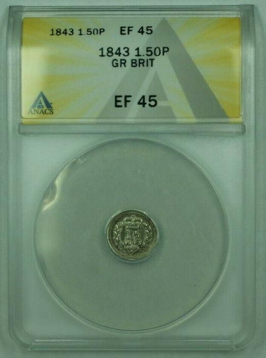 1843 Great Britain 1.5P Pence ANACS EF-45 (XF)