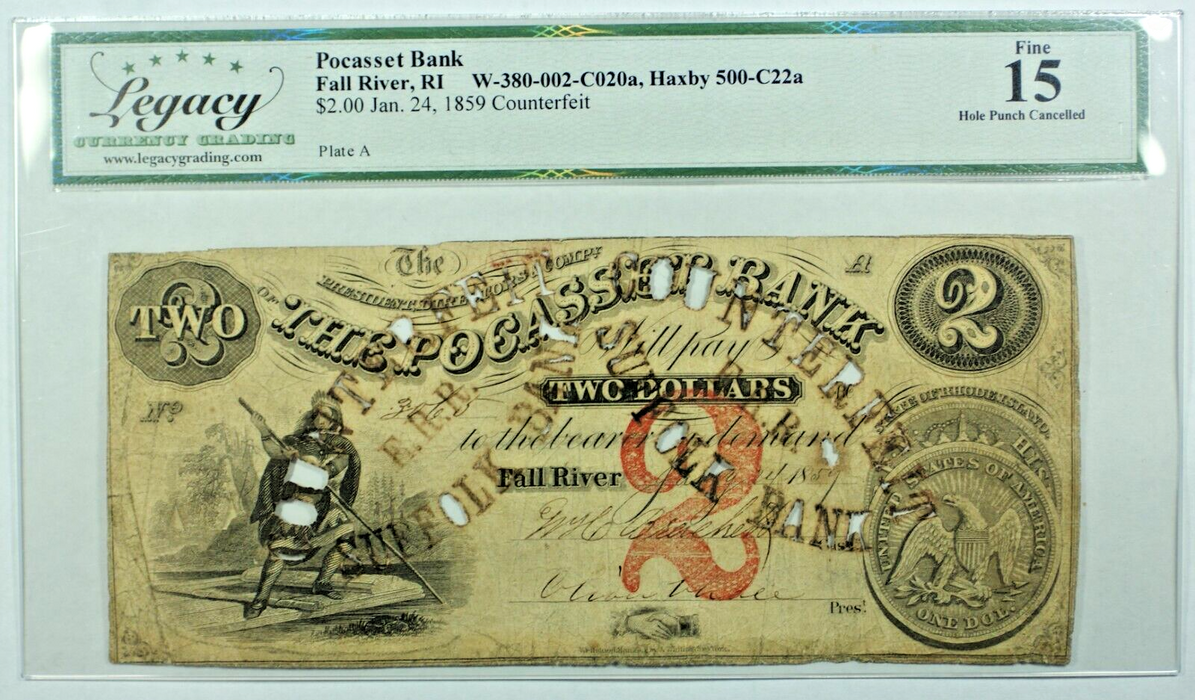 1859 $2 Counterfeit Note, Pocasset Bank-Fall River, RI-Legacy Fine 15