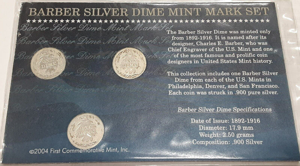 Barber Dime Mint Mark Set - 3 Coins P, D & S in Info Holder-Avg Circ