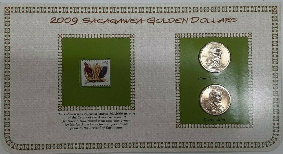 2009 P & D Sacagawea BU Dollars and Stamp Set on Info Card - Crops of America