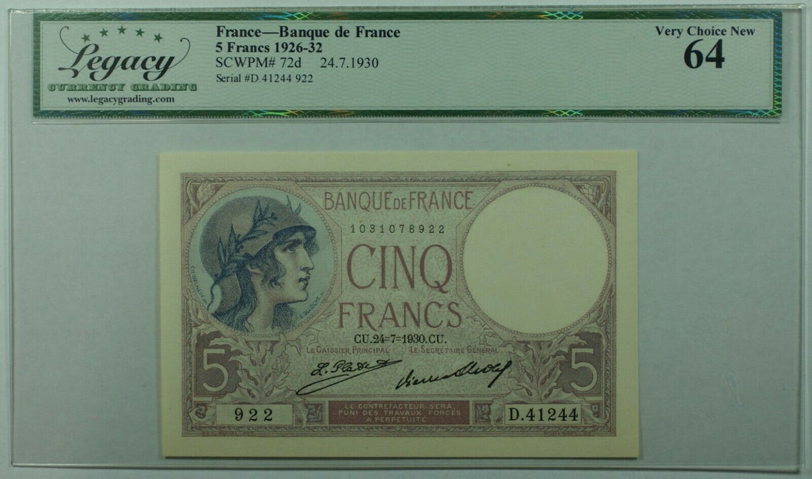1926-32 5 Francs Banque de France Currency SCWPM# 72d Legacy Very Ch New-64