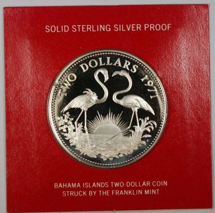1971 Bahamas $2 Sterling Silver Proof Flamingo Coin with Box