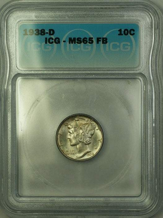 1938-D Silver Mercury Dime 10c Coin ICG MS-65 FB Full Bands Gem BU (A)