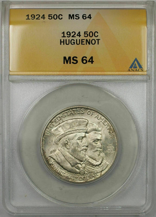 1924 Huguenot Commemorative Silver Half-Dollar Coin 50C ANACS MS-64 (9A)