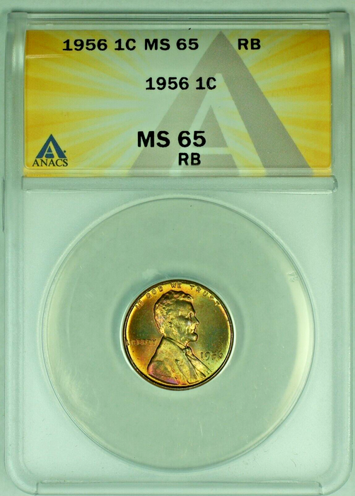 1956 Lincoln Wheat Cent 1C Coin Rainbow Tone ANACS MS 65 RB (24)