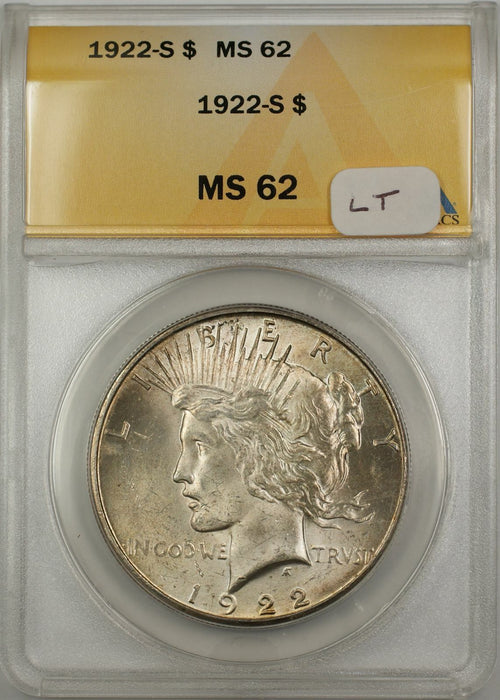 1922-S Peace Silver Dollar Coin $1 ANACS MS 62 Light Toning Better Quality