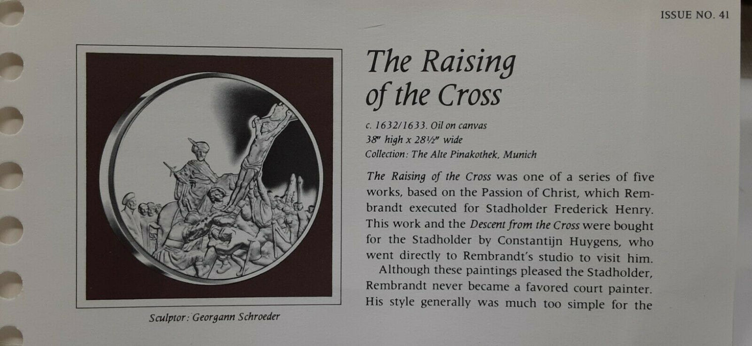 Franklin Mint Genius/Rembrandt PR .925 Silver Medal-Raising the Cross in Card