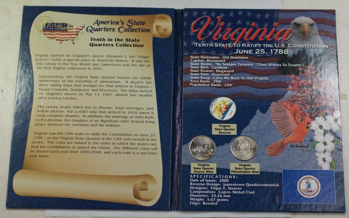 3 Virginia State Quarters 1 Colorized In Beautiful Folder W/ Info About Virginia