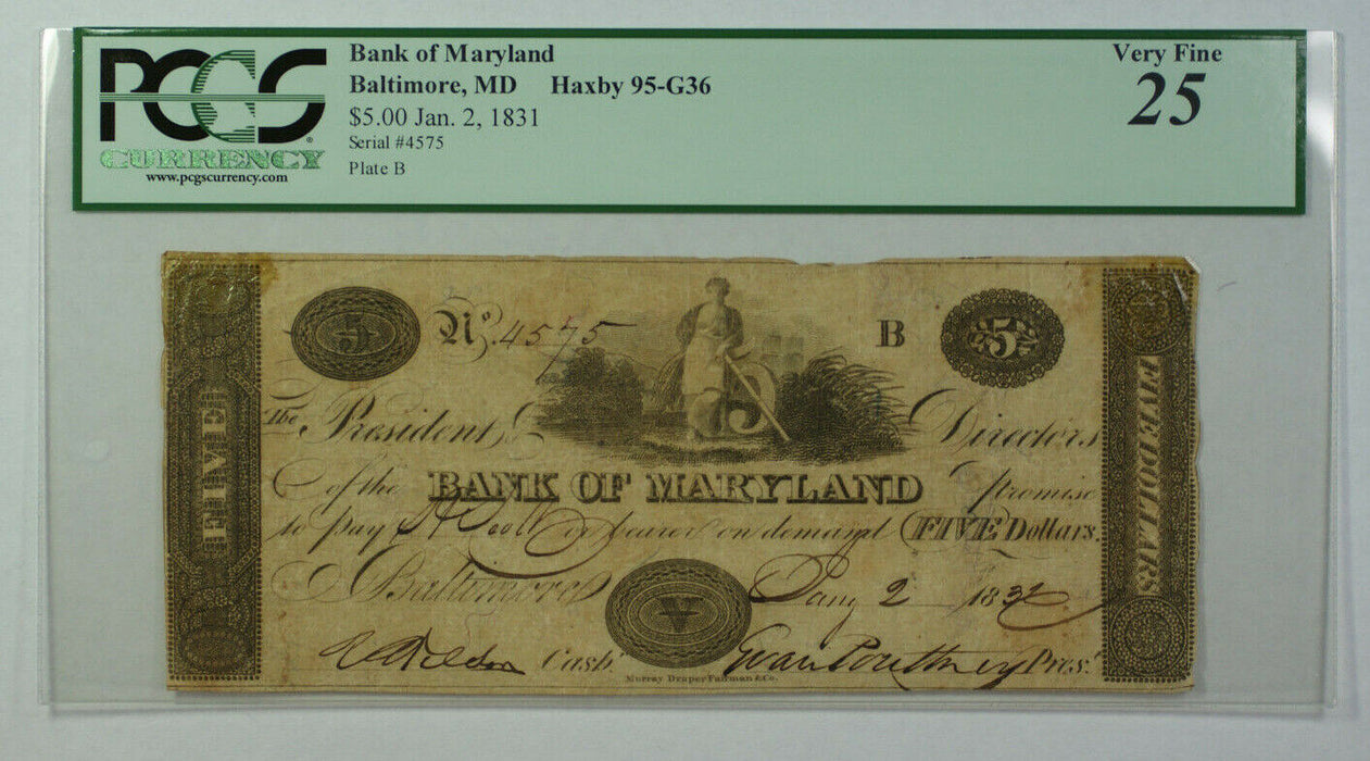 Jan. 2 1831 $5 Bank of Maryland Baltimore MD PCGS 25 Haxby MD-95-G36