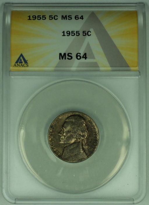 1955 Jefferson Nickel Toned 5C ANACS MS 64 (52)