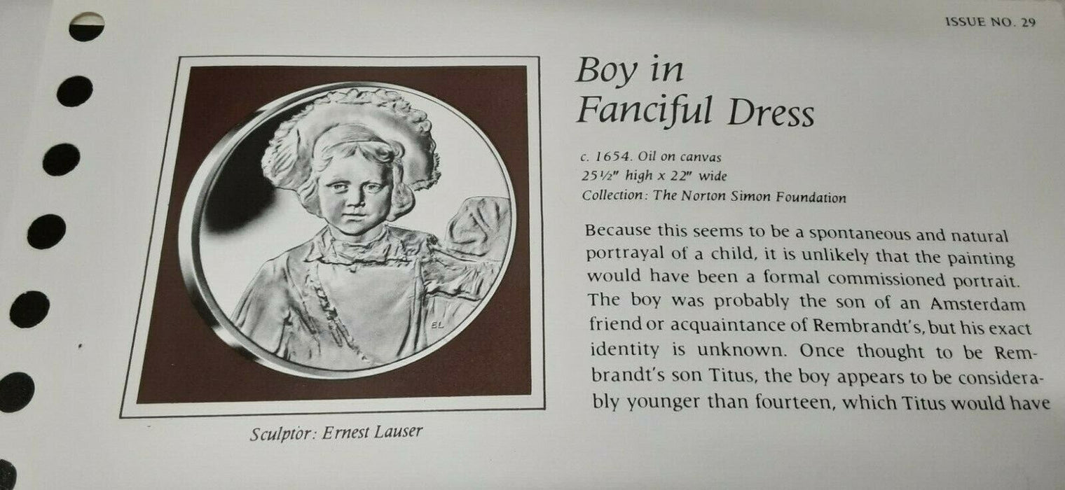 Franklin Mint Genius/Rembrandt PR .925 Silver Medal-Boy/Fanciful Dress in Card