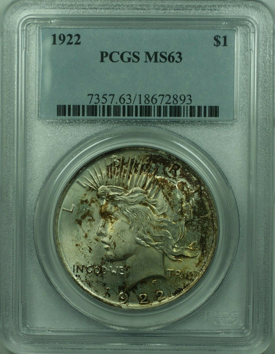 1922 Peace Silver Dollar $1 Coin PCGS MS-63 Toned (36) D